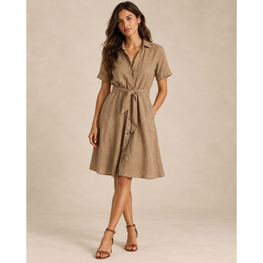 Lauren Ralph Lauren Black Label 100% Linen Shirt Dress Size 4 Tan Tie Waist
